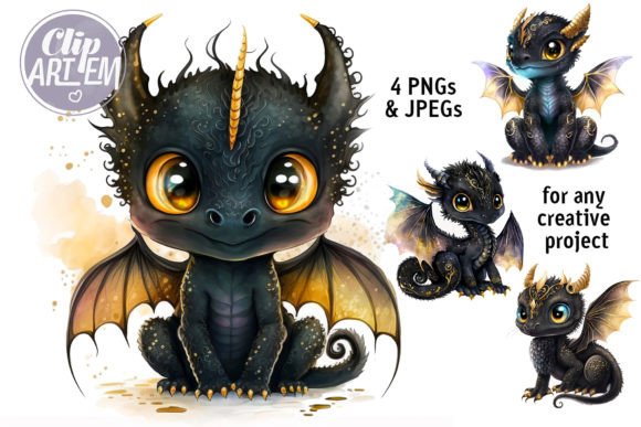 Download Cute Black Dragon Wall Art 4 JPEGs Set - Wall Collection