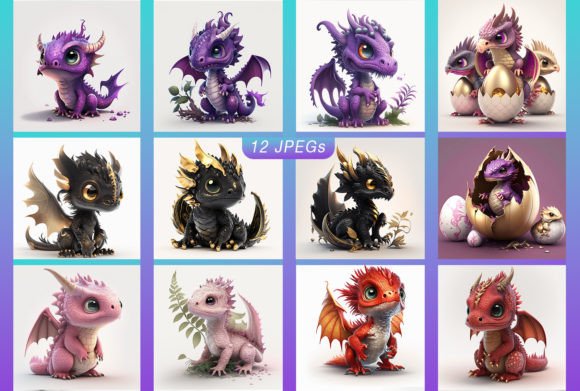 Download Cute Baby Dragon Wall Art 12 JPEGs Set - Wall Collection